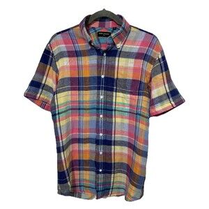 Spier & Mackay Mens 15.5 Linen Shirt Slim Fit Madras Plaid Button Down Preppy